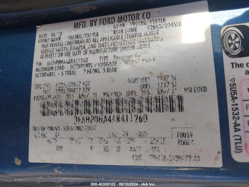 2010 Ford Fusion Se VIN: 3FAHP0HA4AR411260 Lot: 40305102