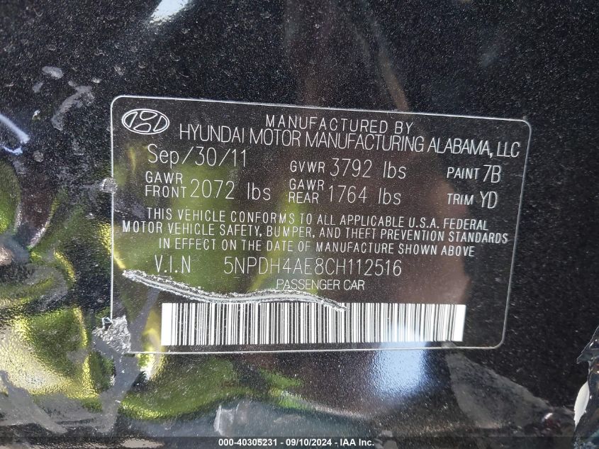 5NPDH4AE8CH112516 2012 Hyundai Elantra Limited