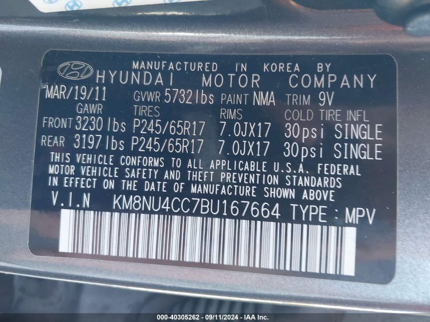 KM8NU4CC7BU167664 2011 Hyundai Veracruz Gls