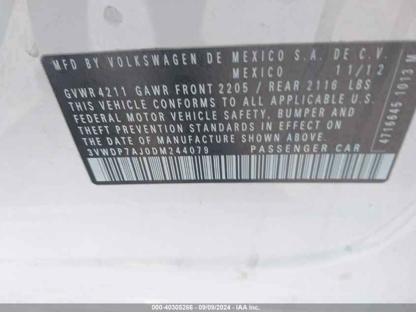 3VWDP7AJ0DM244079 2013 Volkswagen Jetta 2.5L Se