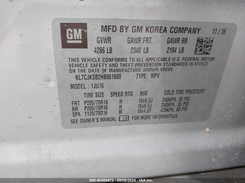 VIN KL7CJKSB2HB061688 2017 CHEVROLET TRAX LS