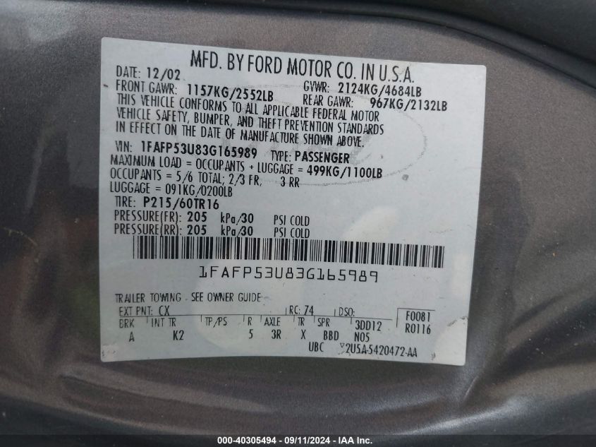 1FAFP53U83G165989 2003 Ford Taurus Se/Se Standard