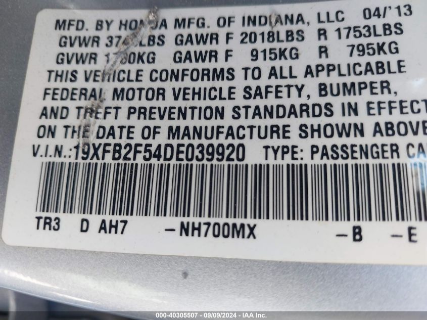 2013 Honda Civic Lx VIN: 19XFB2F54DE039920 Lot: 40305507