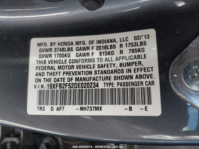 2013 Honda Civic Lx VIN: 19XFB2F52DE020234 Lot: 40305514