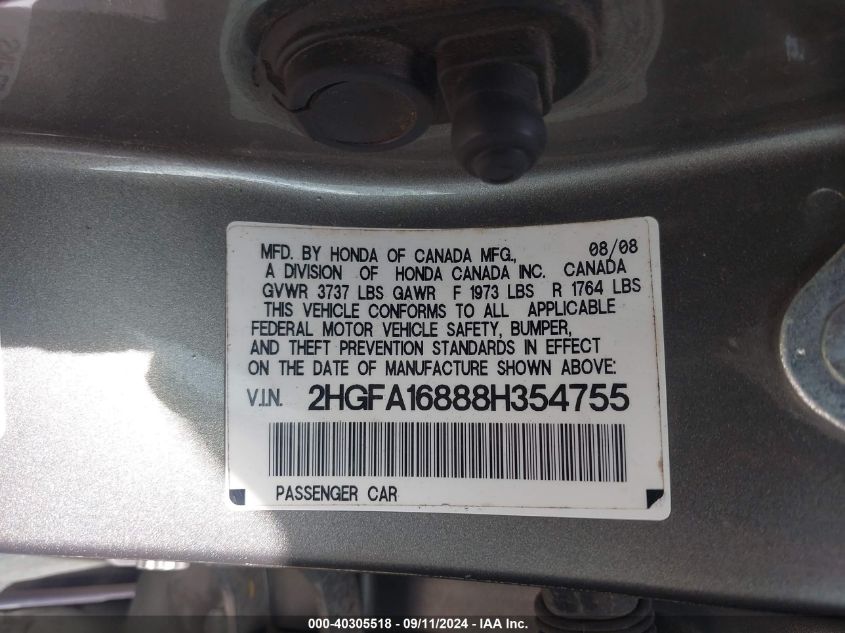 2HGFA16888H354755 2008 Honda Civic Ex