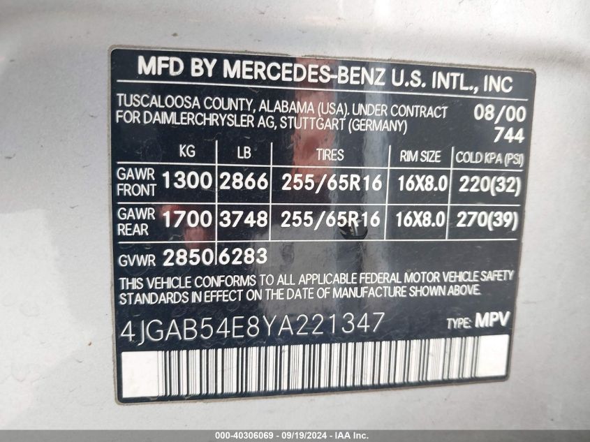 4JGAB54E8YA221347 2000 Mercedes-Benz Ml 320