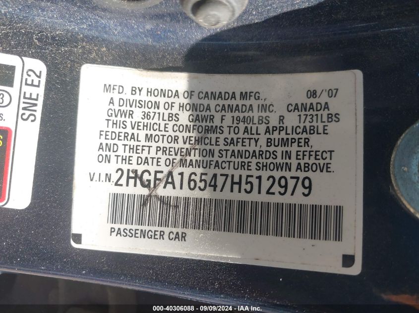 2007 Honda Civic Lx VIN: 2HGFA16547H512979 Lot: 40306088