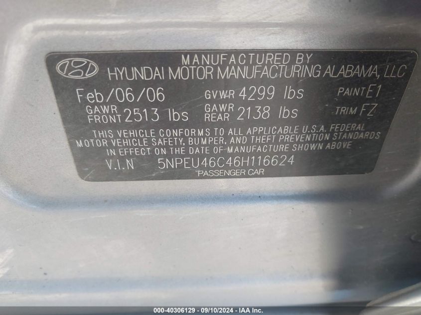 2006 Hyundai Sonata Gls VIN: 5NPEU46C46H116624 Lot: 40306129