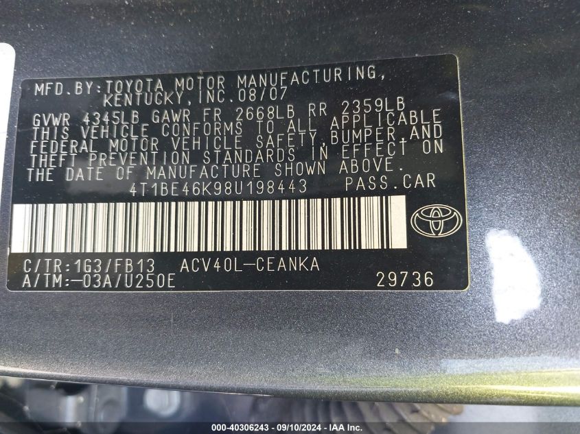 4T1BE46K98U198443 2008 Toyota Camry Ce/Le/Xle/Se