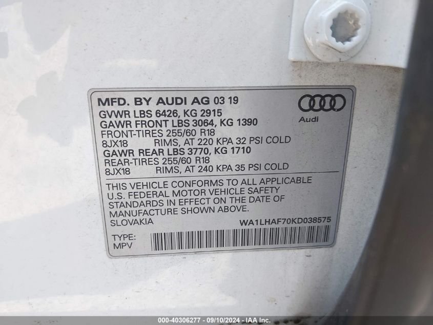 WA1LHAF70KD038575 2019 Audi Q7 Premium Plus/Se Premium Plus