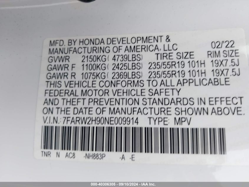 2022 Honda Cr-V Touring VIN: 7FARW2H90NE009914 Lot: 40306305