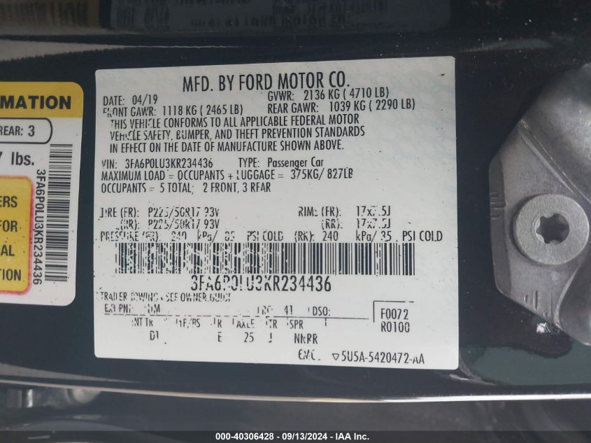 2019 Ford Fusion Hybrid Se VIN: 3FA6P0LU3KR234436 Lot: 40306428