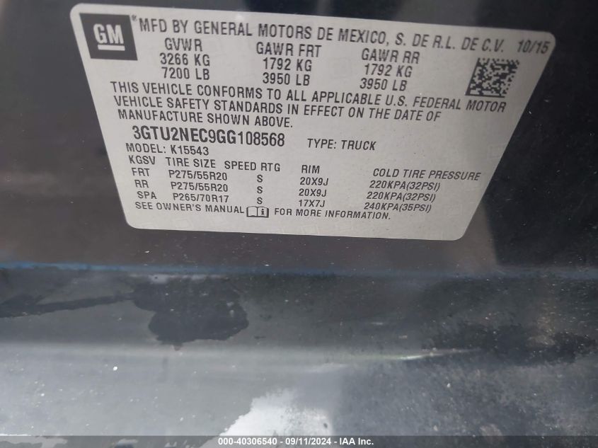 3GTU2NEC9GG108568 2016 GMC Sierra 1500 Slt