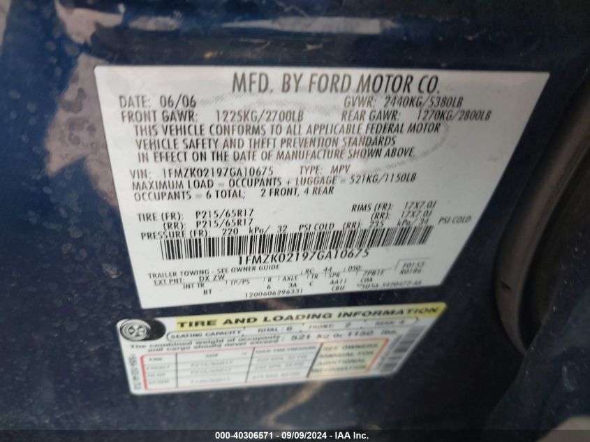 1FMZK02197GA10675 2007 Ford Freestyle Sel