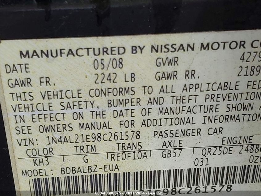 2008 Nissan Altima 2.5 S VIN: 1N4AL21E98C261578 Lot: 40306575