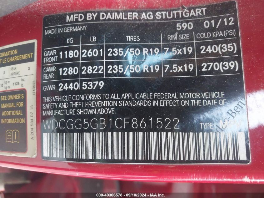 WDCGG5GB1CF861522 2012 Mercedes-Benz Glk 350 350