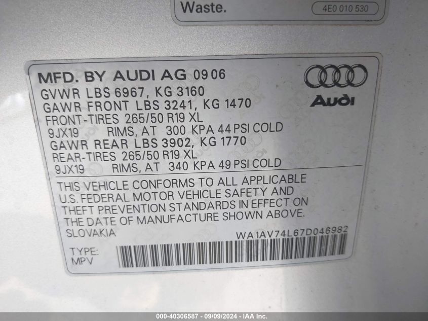 WA1AV74L67D046982 2007 Audi Q7 4.2