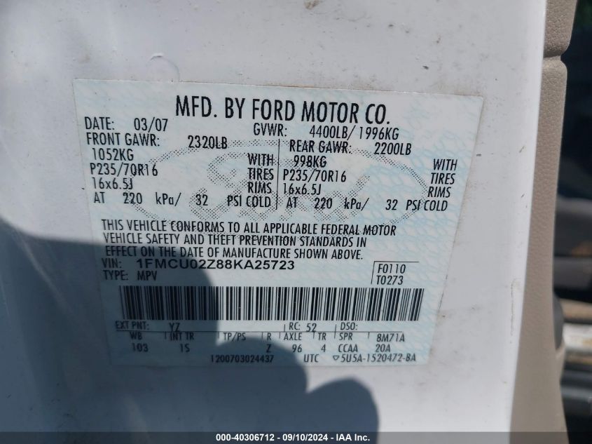 1FMCU02Z88KA25723 2008 Ford Escape Xls/Xls Manual