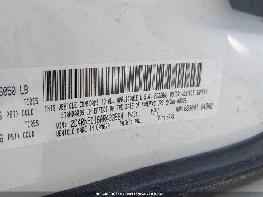 2010 Dodge Grand Caravan Sxt VIN: 2D4RN5D16AR433664 Lot: 40306714