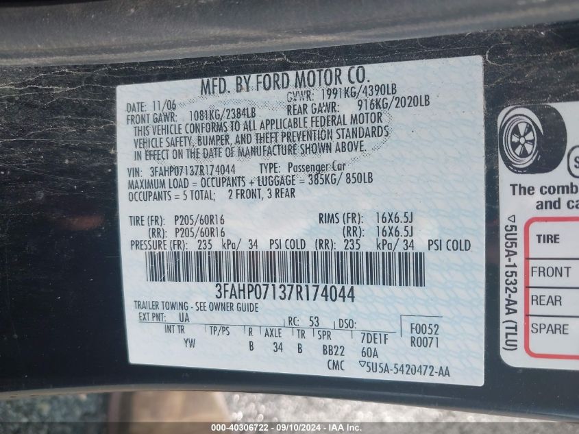 2007 Ford Fusion Se VIN: 3FAHP07137R174044 Lot: 40306722