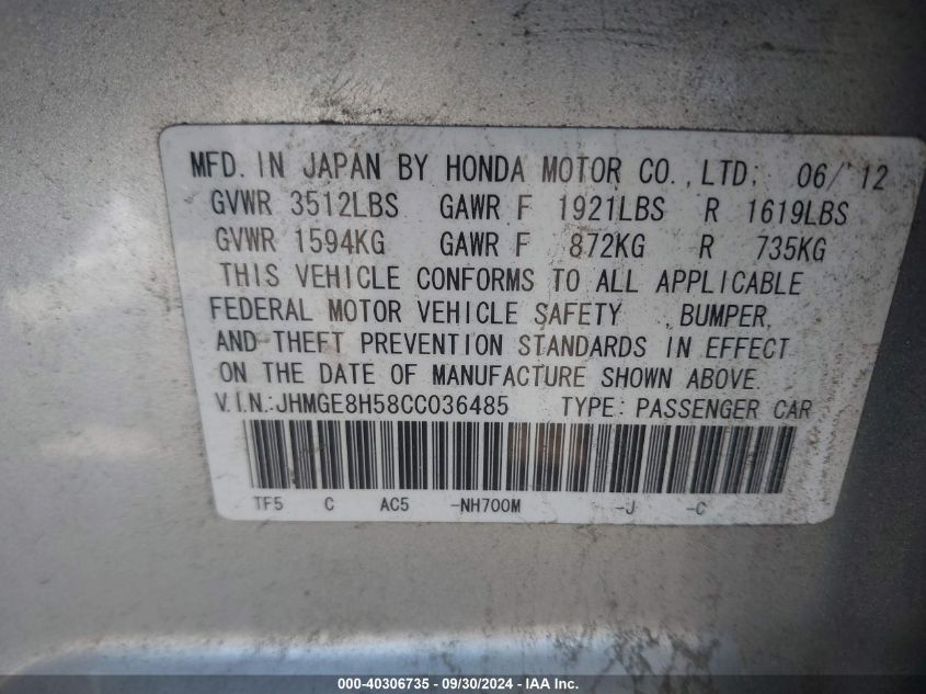 JHMGE8H58CC036485 2012 Honda Fit Sport