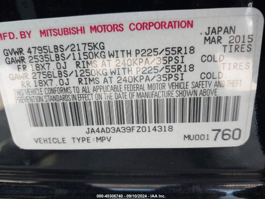 2015 Mitsubishi Outlander Se VIN: JA4AD3A39FZ014318 Lot: 40306740