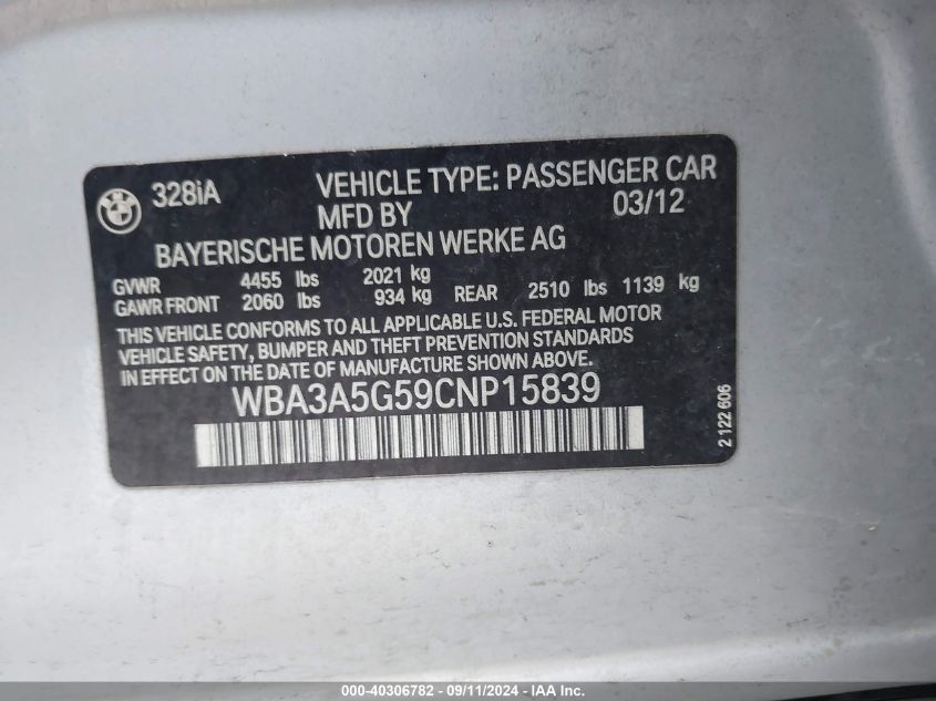 2012 BMW 328I VIN: WBA3A5G59CNP15839 Lot: 40306782