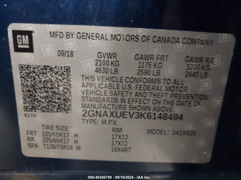 2GNAXUEV3K6148494 2019 Chevrolet Equinox Lt