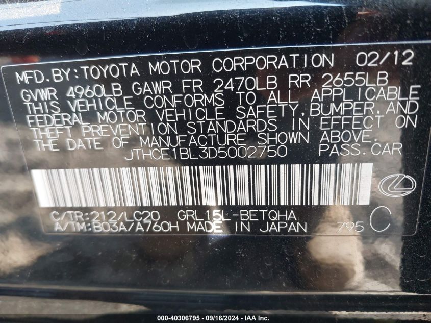 JTHCE1BL3D5002750 2013 Lexus Gs 350 350