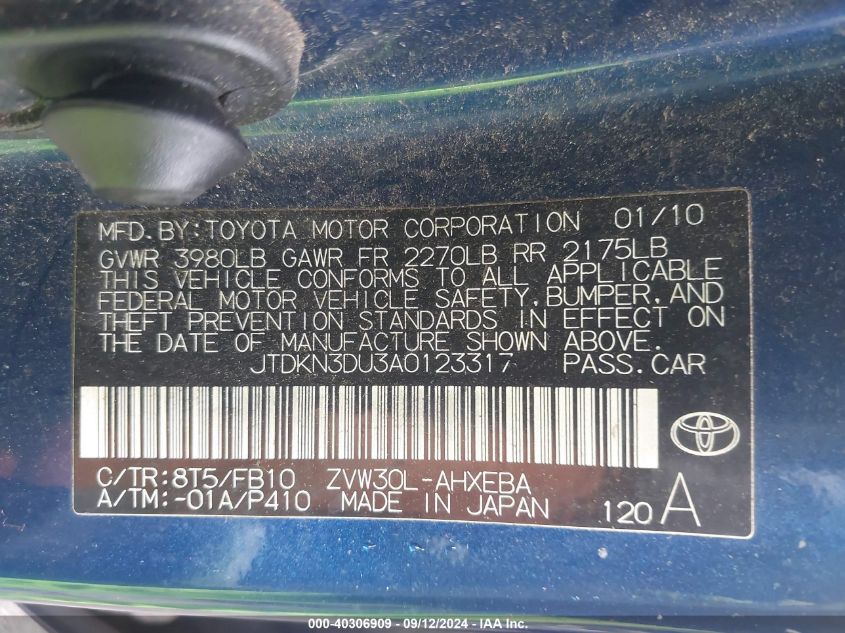 2010 Toyota Prius Iii VIN: JTDKN3DU3A0123317 Lot: 40306909