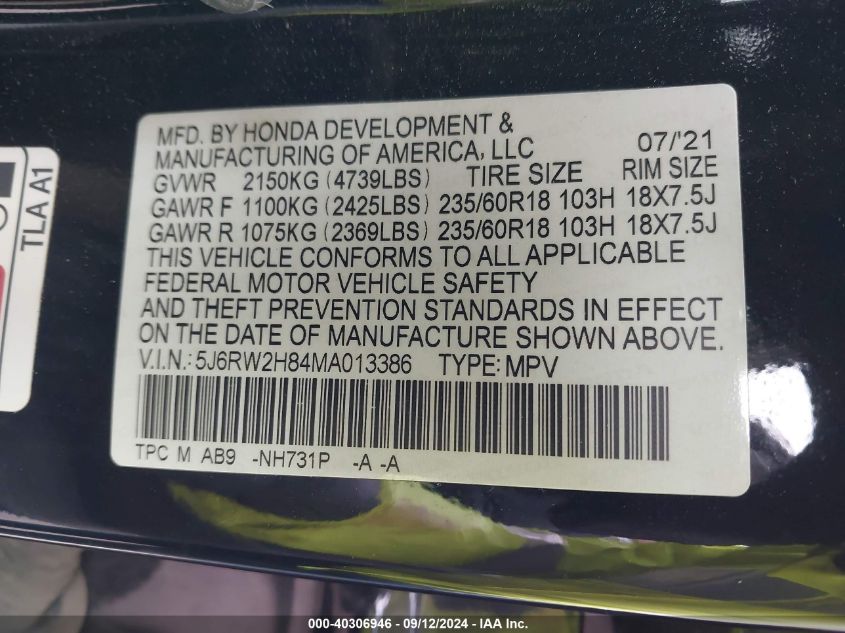 2021 Honda Cr-V Exl VIN: 5J6RW2H84MA013386 Lot: 40306946