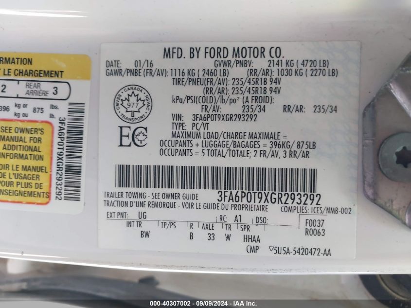 2016 FORD FUSION SE - 3FA6P0T9XGR293292