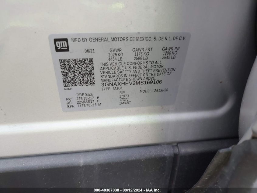 2021 Chevrolet Equinox Fwd Ls VIN: 3GNAXHEV2MS169106 Lot: 40307038