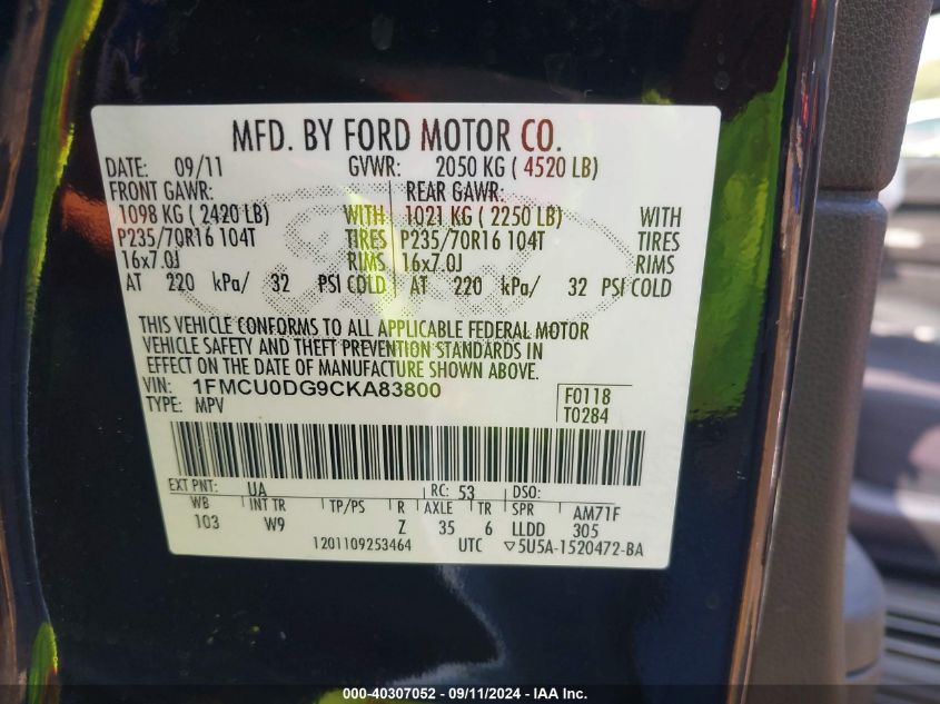 1FMCU0DG9CKA83800 2012 Ford Escape Xlt