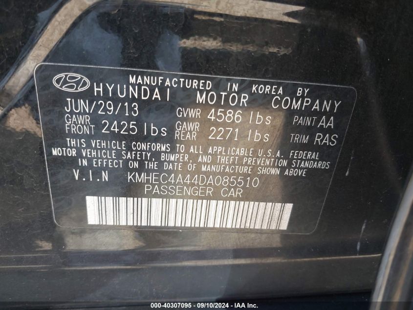 2013 Hyundai Sonata Hybrid Limited VIN: KMHEC4A44DA085510 Lot: 40307095