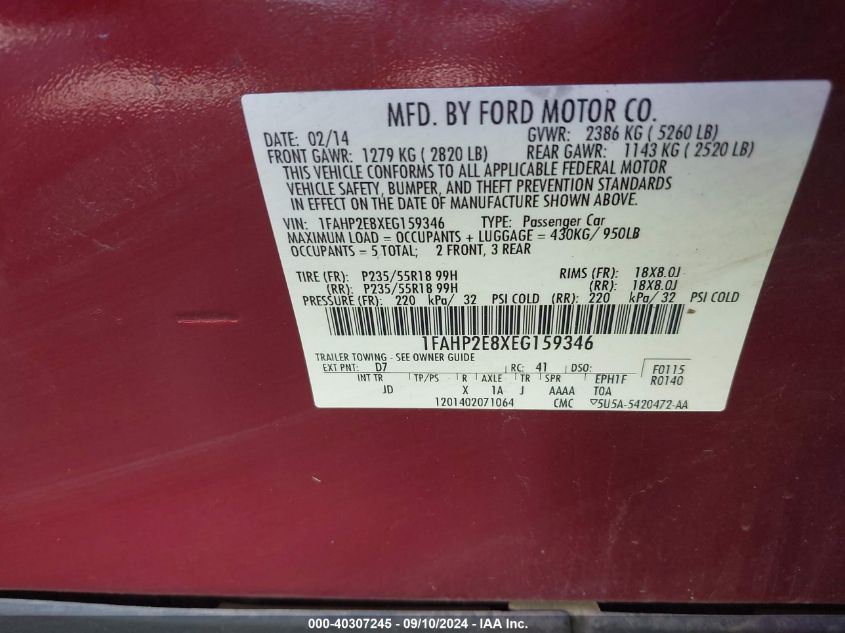 2014 Ford Taurus Sel VIN: 1FAHP2E8XEG159346 Lot: 40307245