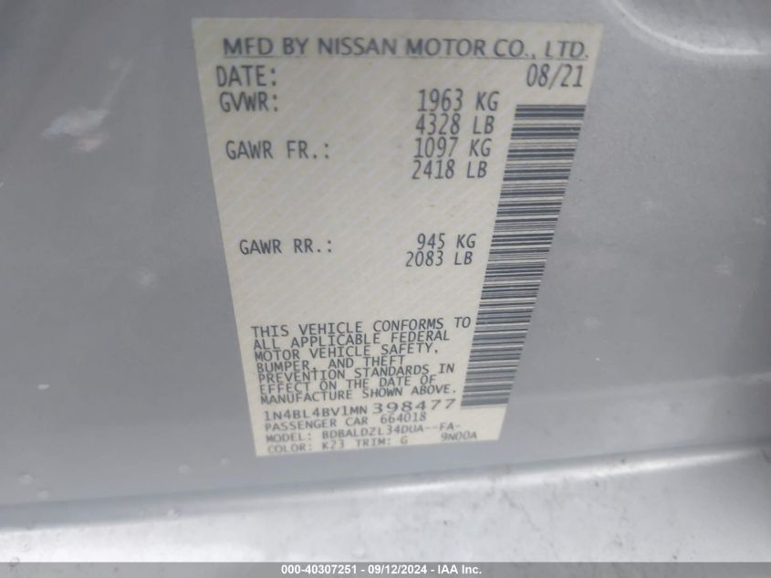 2021 Nissan Altima S Fwd VIN: 1N4BL4BV1MN398477 Lot: 40307251