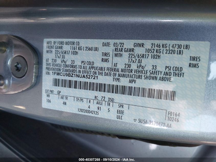 2022 Ford Escape Se Hybrid VIN: 1FMCU9BZ1NUA52721 Lot: 40307268