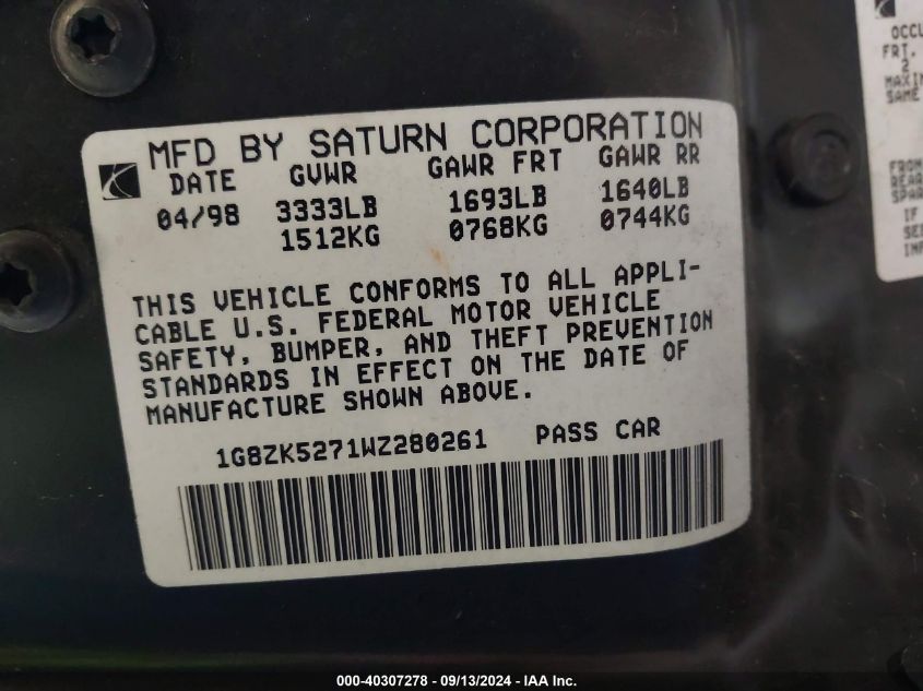 1G8ZK5271WZ280261 1998 Saturn Sl2