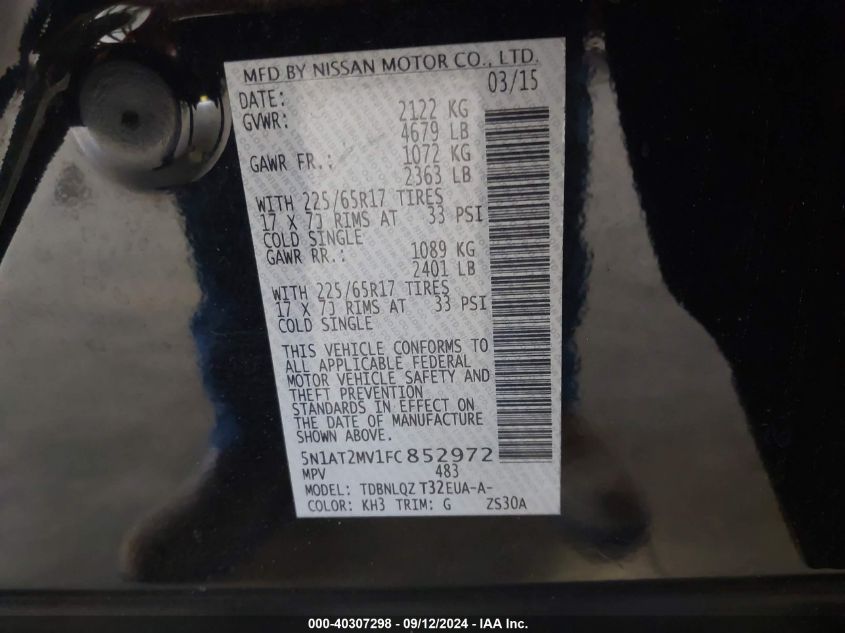 2015 Nissan Rogue Sv VIN: 5N1AT2MV1FC852972 Lot: 40307298