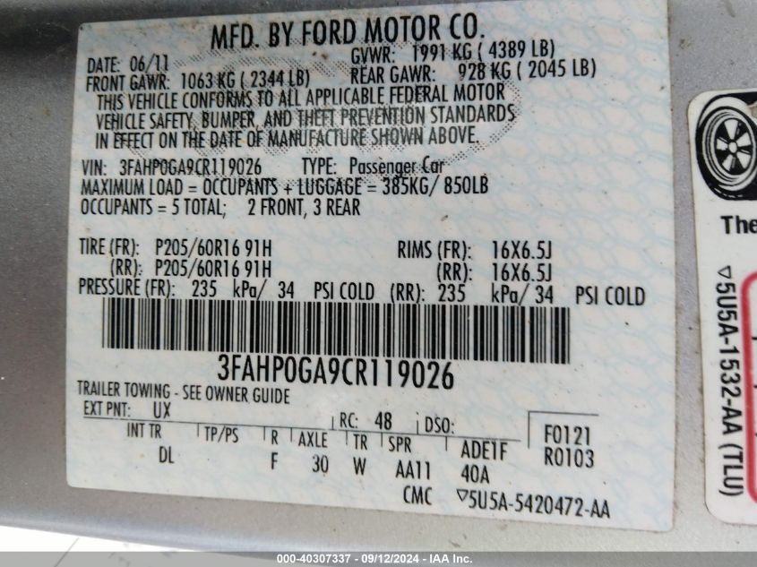 2012 Ford Fusion S VIN: 3FAHP0GA9CR119026 Lot: 40307337