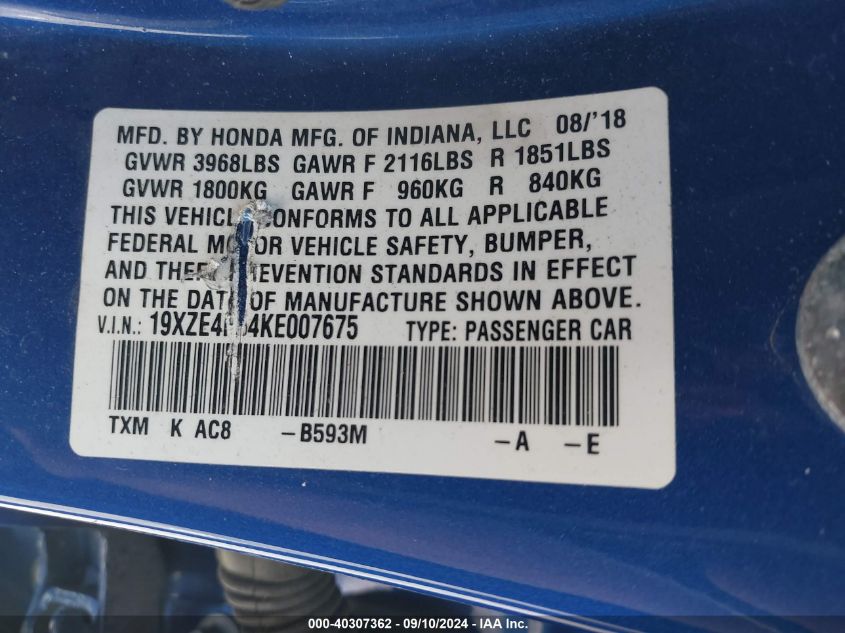 19XZE4F54KE007675 2019 Honda Insight Ex