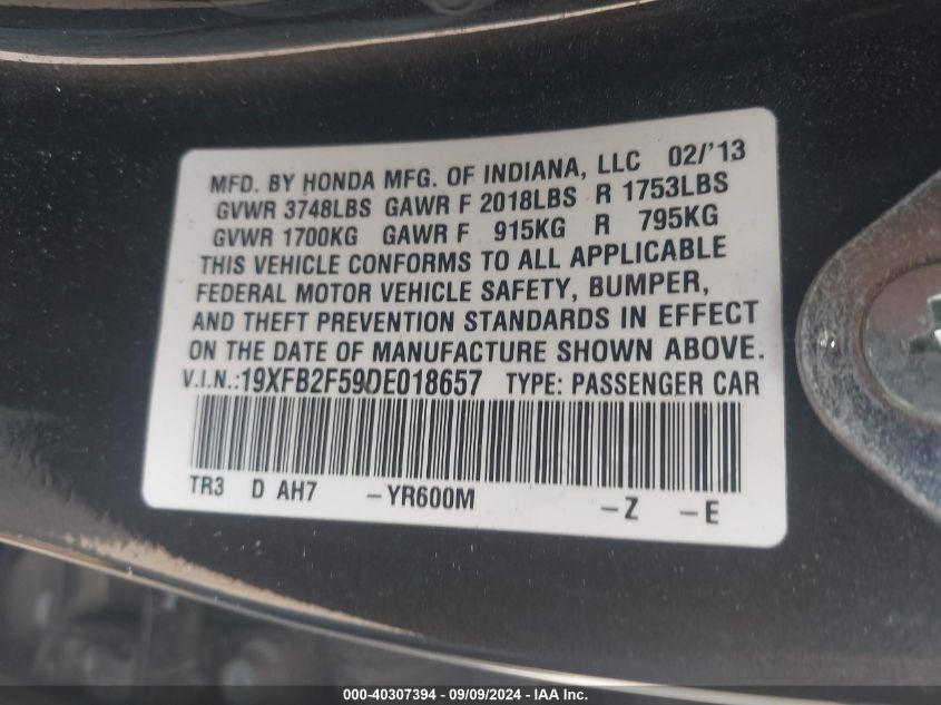 2013 Honda Civic Lx VIN: 19XFB2F59DE018657 Lot: 40307394