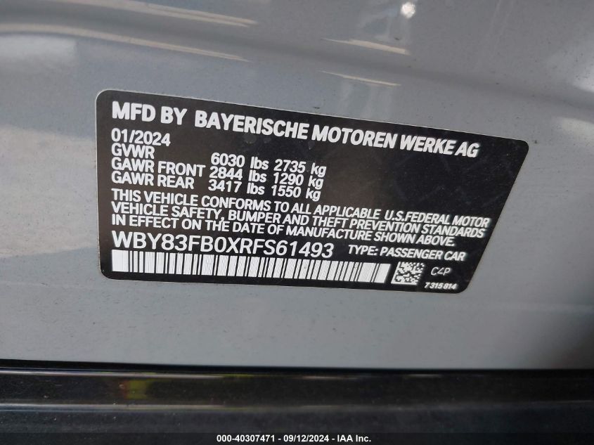 2024 BMW I4 xDrive40 VIN: WBY83FB0XRFS61493 Lot: 40307471