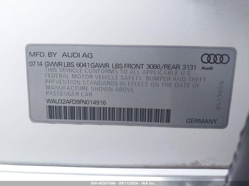 2015 Audi A8 L 4.0T VIN: WAU32AFD9FN014916 Lot: 40307496