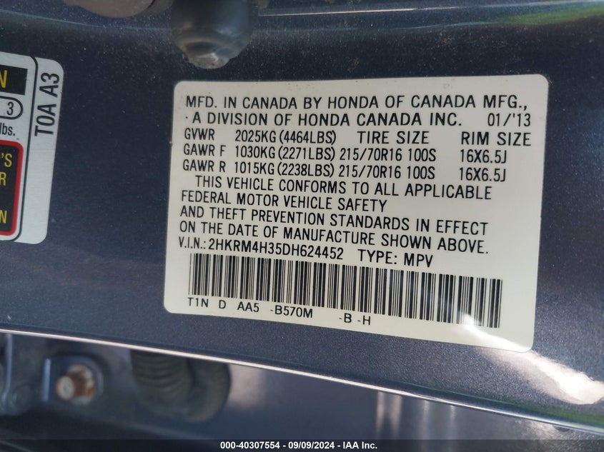 2013 Honda Cr-V Lx VIN: 2HKRM4H35DH624452 Lot: 40307554