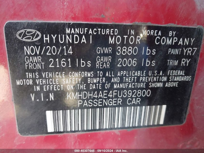 2015 Hyundai Elantra Se VIN: KMHDH4AE4FU392800 Lot: 40307645