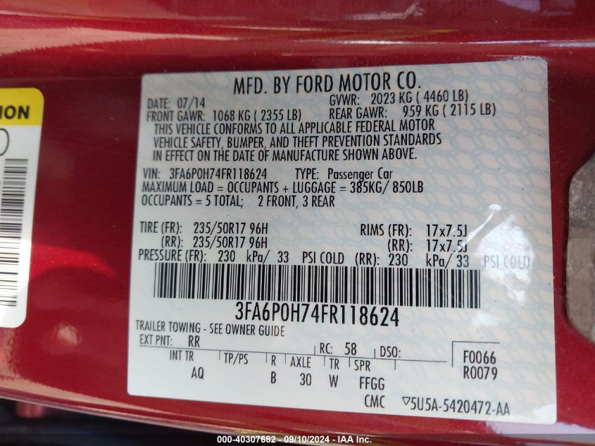 2015 FORD FUSION SE - 3FA6P0H74FR118624