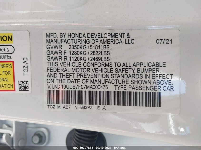 2021 Acura Tlx Type S VIN: 19UUB7F07MA000476 Lot: 40307688