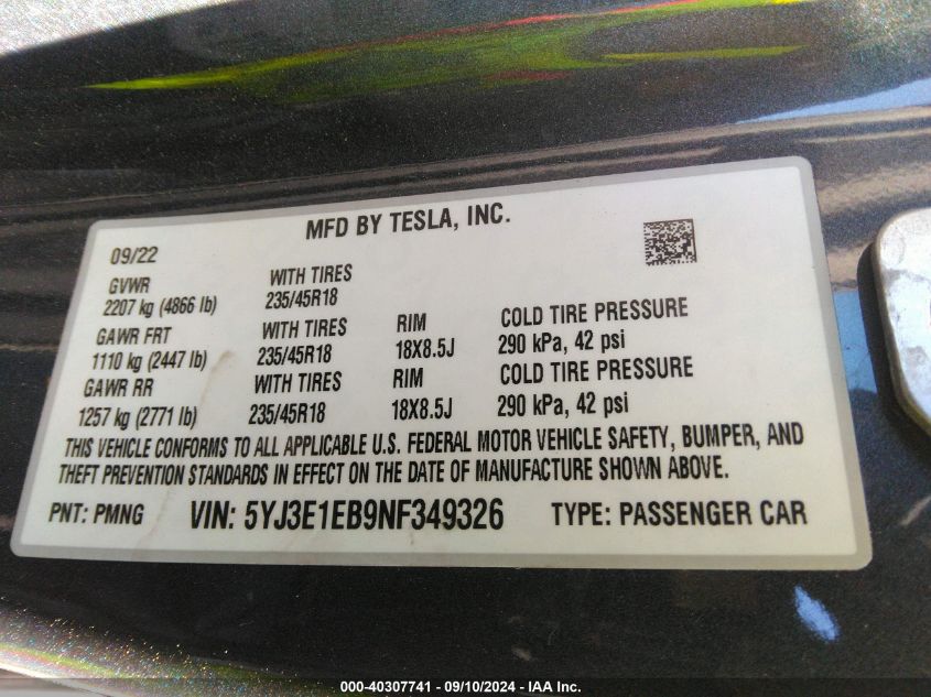 2022 Tesla Model 3 VIN: 5YJ3E1EB9NF349326 Lot: 40307741